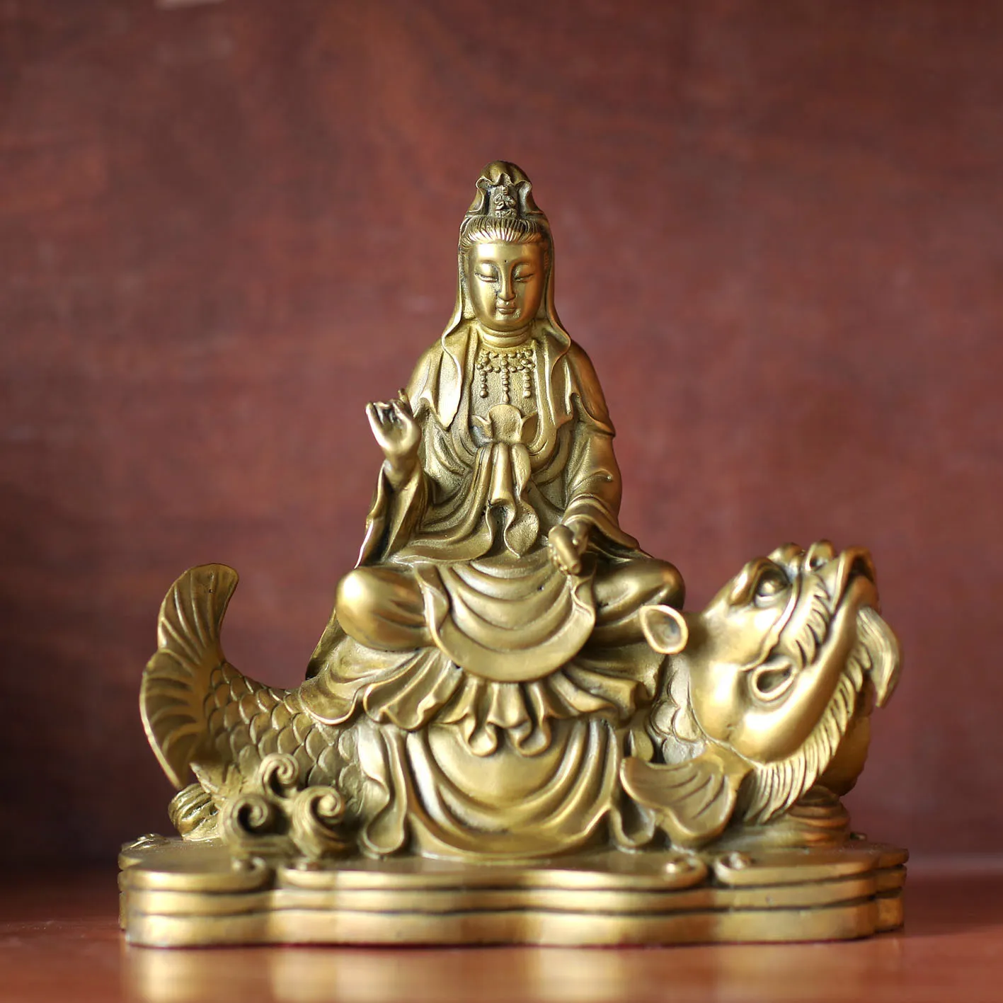 Tượng Quan Âm Bồ Tát Bằng Đồng, Để Xe Hơi, Để Bàn Làm Việc, Cao 17cm, vật phẩm tâm linh bằng đồng