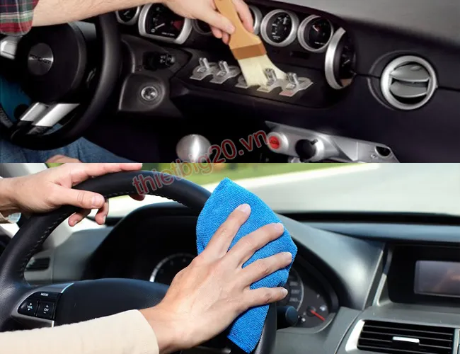 Dùng khăn lau và chổi mềm để vệ sinh khu vực bảng điều khiển, taplo và vô lăng