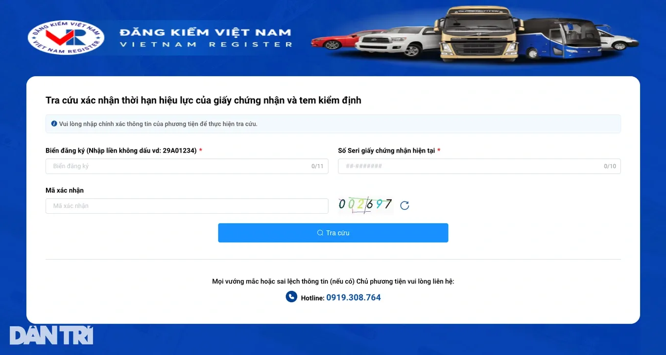 Màn hình tra cứu gia hạn đăng kiểm trên website Cục Đăng kiểm Việt Nam