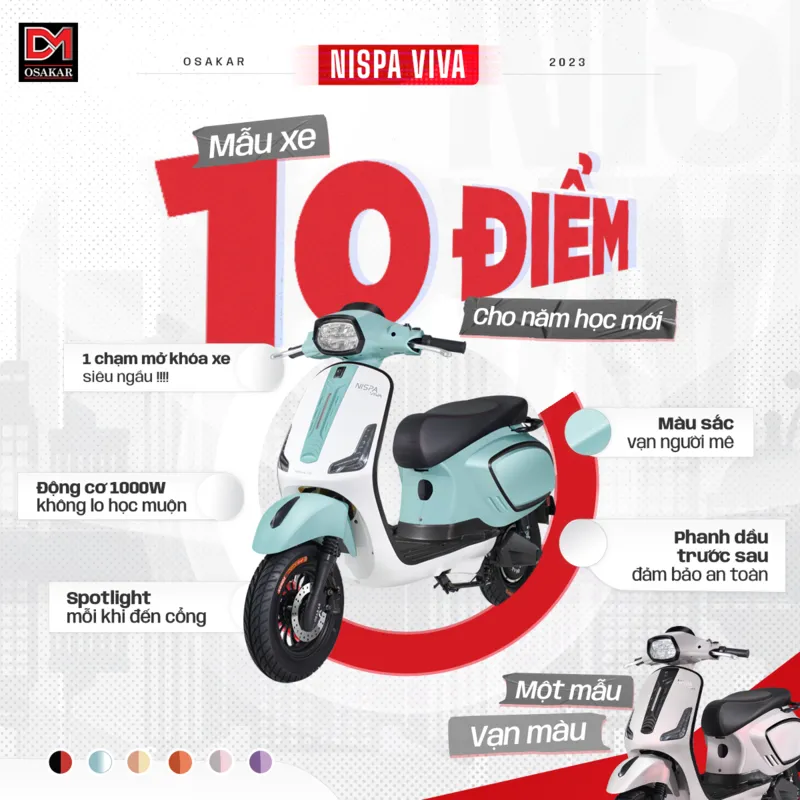 Mẫu xe máy điện Osakar Nispa Viva với thiết kế hiện đại, đa dạng màu sắc phù hợp cho giới trẻ hiện nay