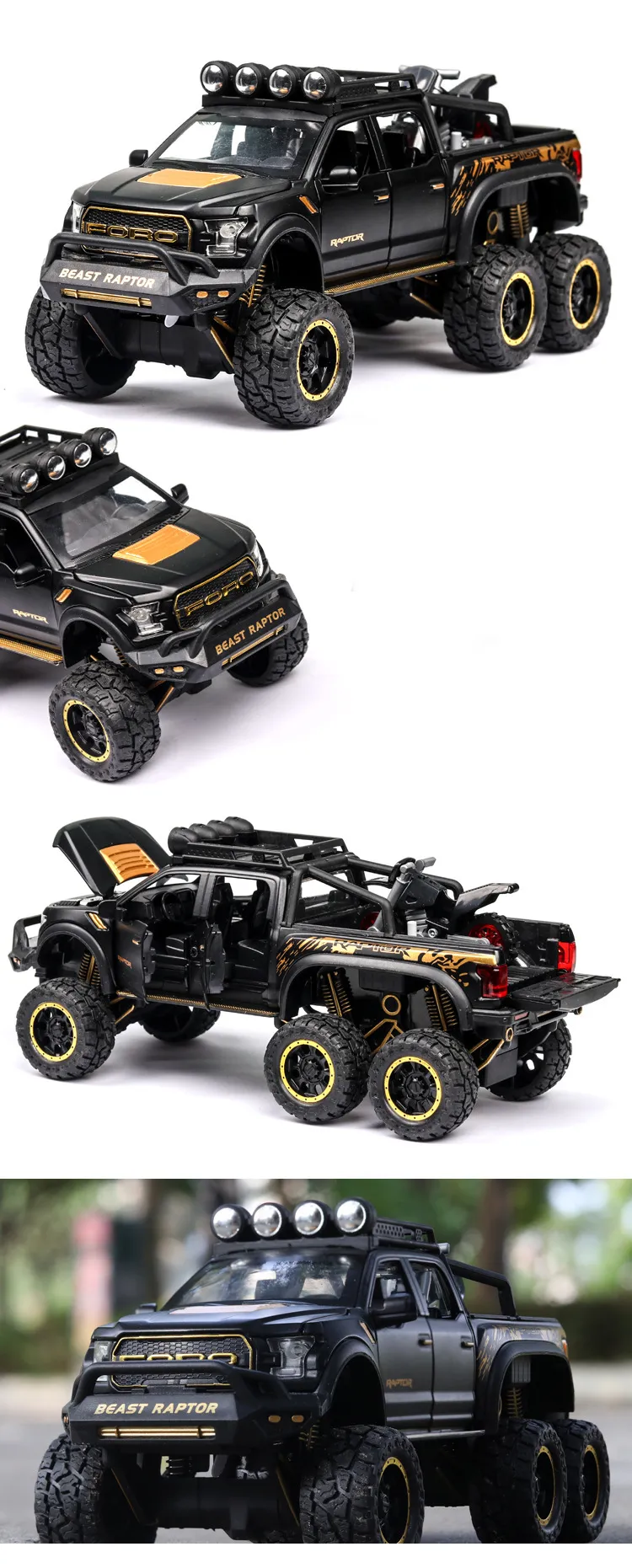 Mô hình siêu xe bán tải Ford Ranger Raptor F150 6 bánh tỷ lệ 1:28 màu đỏ mở cửa