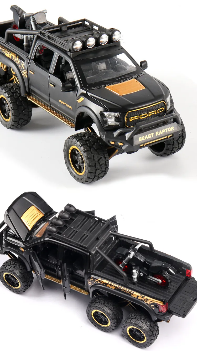 Bộ mô hình siêu xe bán tải Ford Ranger Raptor F150 6 bánh và chiếc mô tô 2 bánh đi kèm
