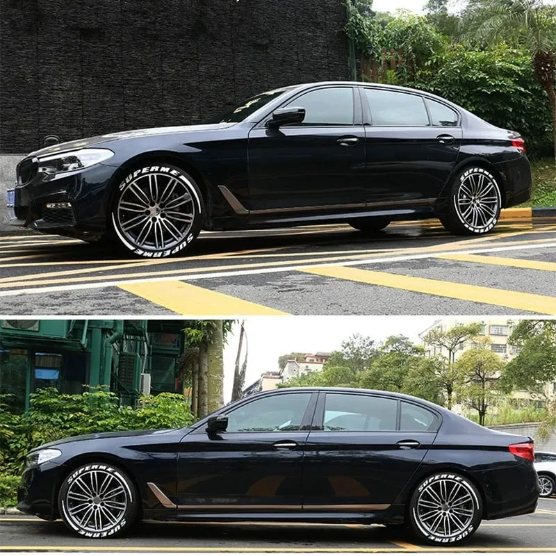 Cận cảnh chi tiết miếng dán phản quang màu trắng trên lốp xe đen