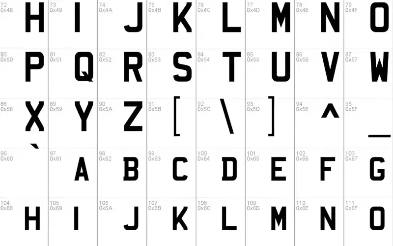 Ví dụ minh họa font Mandatory với các ký tự được thiết kế riêng biệt