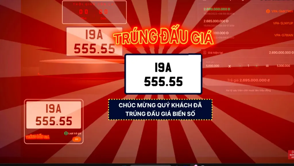 Biển số xe ô tô 19A-555.55 trong phiên đấu giá lịch sử tại Việt Nam