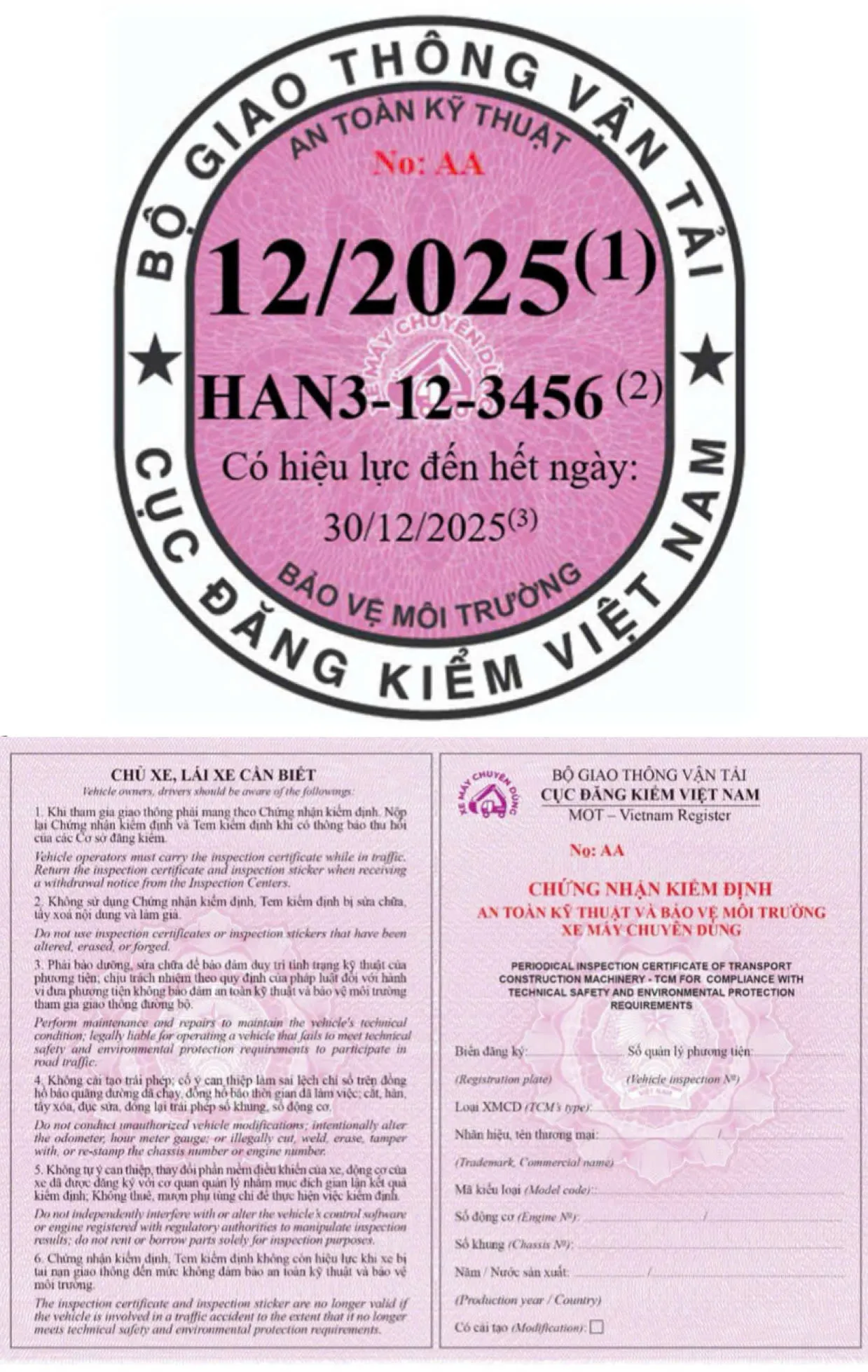 Giấy chứng nhận kiểm định và tem kiểm định màu tím hồng dùng cho xe máy chuyên dùng. 