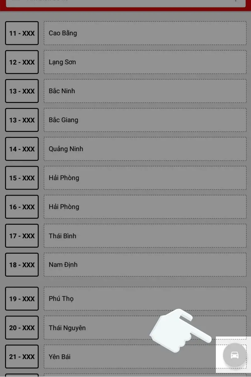 Nhấn vào biểu tượng xe ô tô để bắt đầu quy trình tra cứu thông tin xe