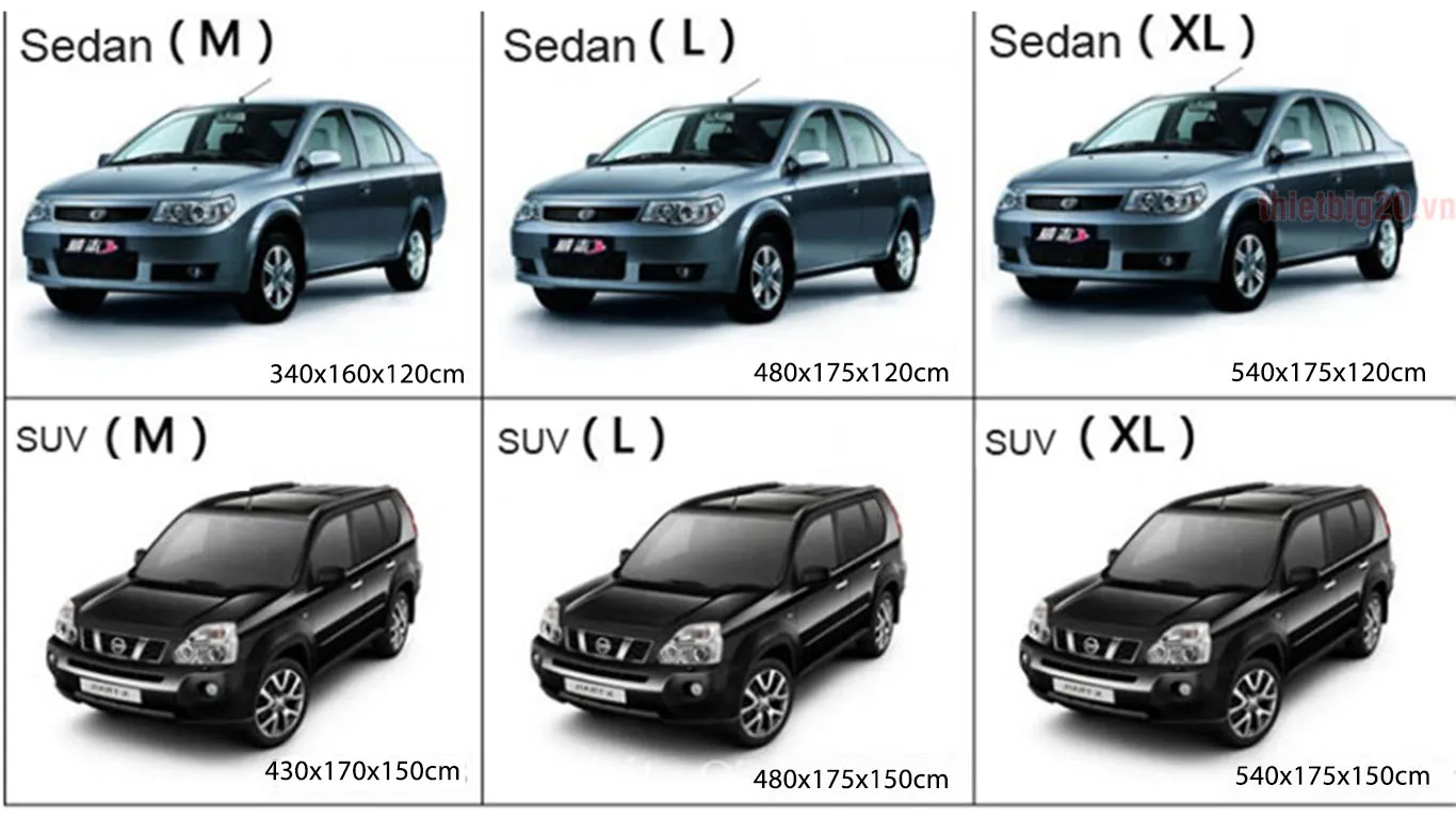 Hình ảnh minh họa một bảng chi tiết về các size bạt ô tô khác nhau
