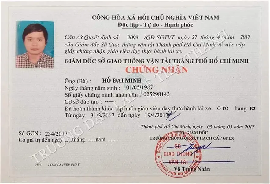 Giấy phép dạy lái xe chính thức của Trường Tiến Thành, đảm bảo chất lượng đào tạo