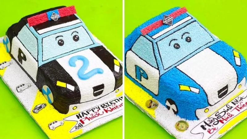 Bánh sinh nhật ô tô đẹp màu xanh, phong cách xe cảnh sát Mỹ