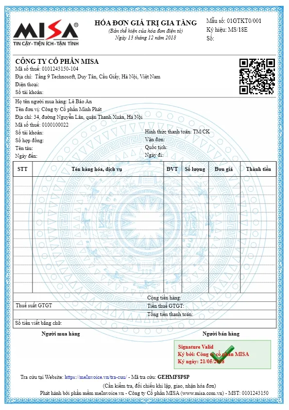 mẫu hóa đơn điện tử vận tải hàng hóa một mức thuế