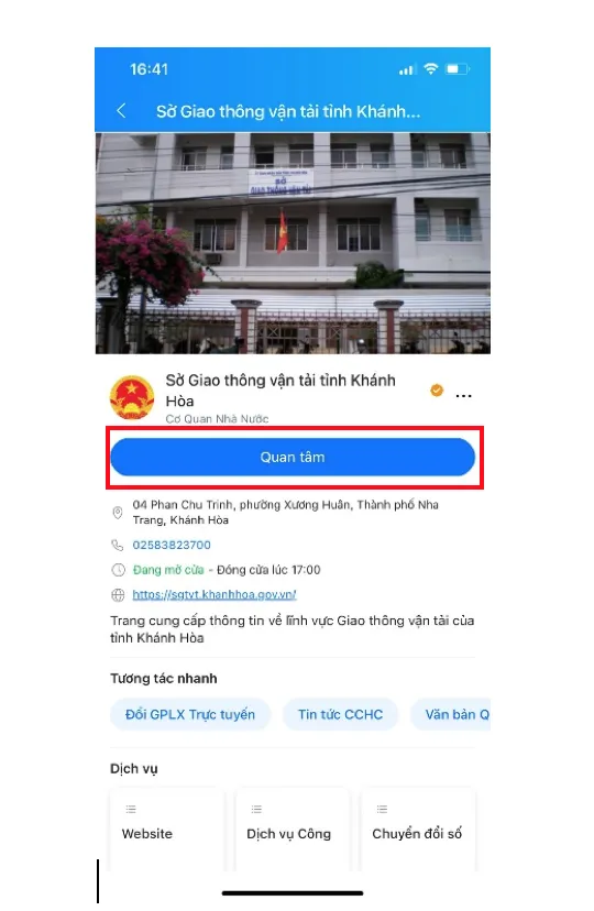 Trang Zalo Official Account Sở Giao thông vận tải tỉnh Khánh Hòa