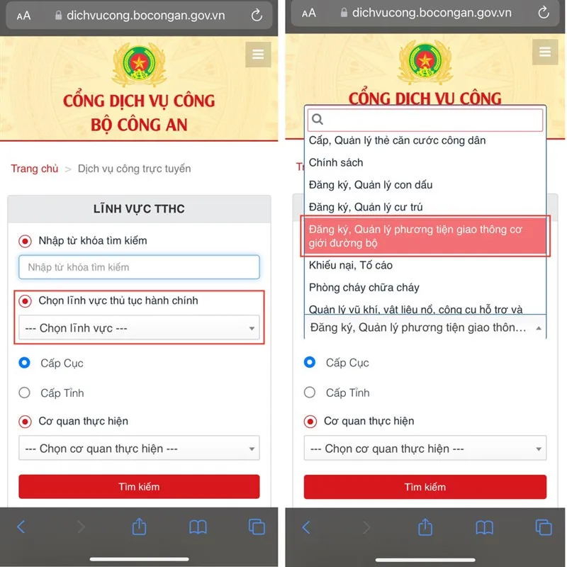 Chọn lĩnh vực và mục thủ tục Cấp lại Giấy chứng nhận đăng ký xe