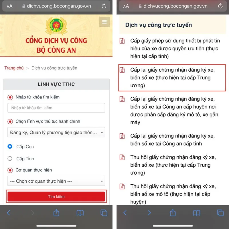 Tìm kiếm và chọn thủ tục Cấp lại giấy chứng nhận đăng ký xe, biển số xe