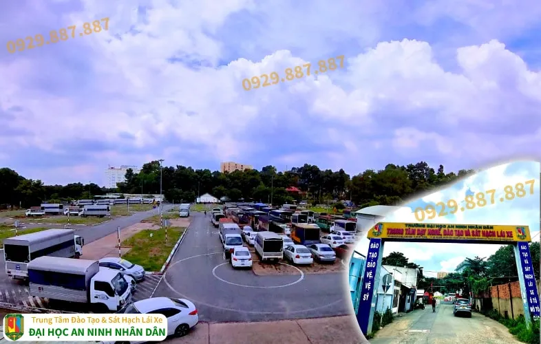 Sân bãi thực hành và xe tập lái ô tô B2 tại Thủ Đức, thuộc khuôn viên Trung tâm Đại học An Ninh