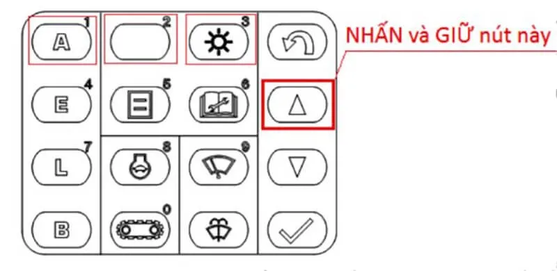 Thao tác bấm phím để truy cập vào hệ thống chẩn đoán lỗi xe nâng Komatsu