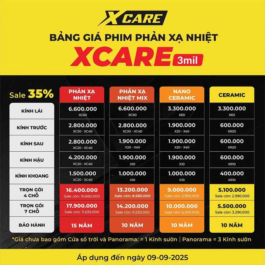 Bảng báo giá phim cách nhiệt ô tô Xcare cập nhật chi tiết