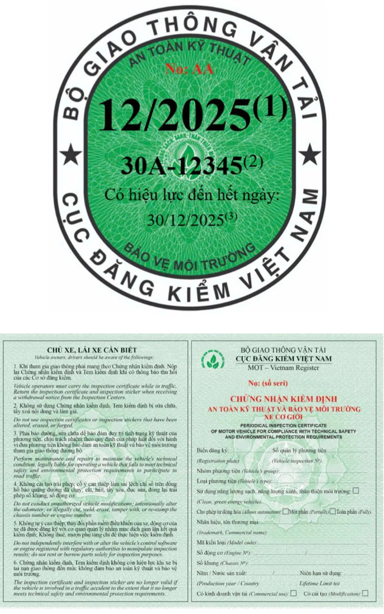 Giấy chứng nhận kiểm định và tem kiểm định màu xanh lá dành cho các loại xe sử dụng năng lượng sạch, năng lượng xanh thân thiện với môi trường.
