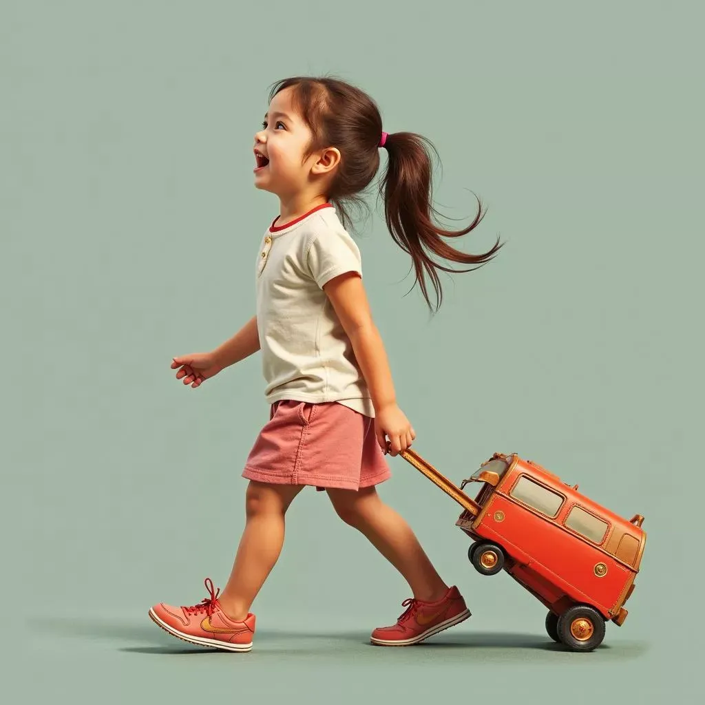 Bé gái kéo vali hình ô tô màu hồng vui vẻ trong chuyến đi