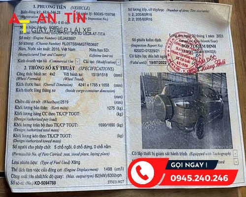 Alt text: Chi tiết bên trong một giấy đăng kiểm xe ô tô, thể hiện các thông số kỹ thuật