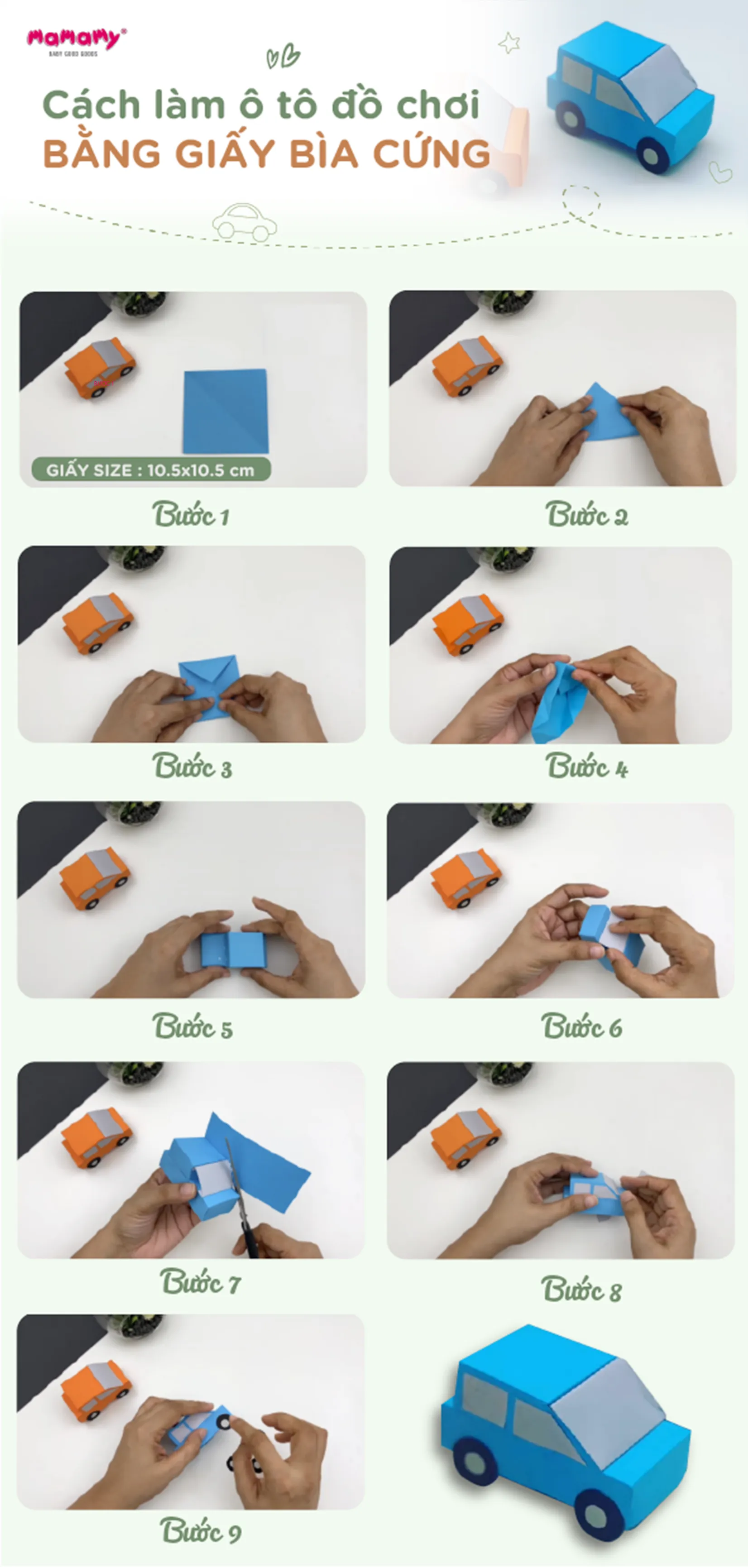 Các bước làm ô tô xinh xắn từ giấy bìa cứng với chi tiết thân và bánh xe