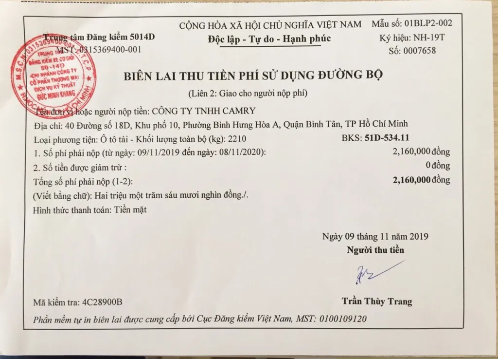 Biên lai thu phí bảo trì đường bộ chính thức sau khi nộp tiền