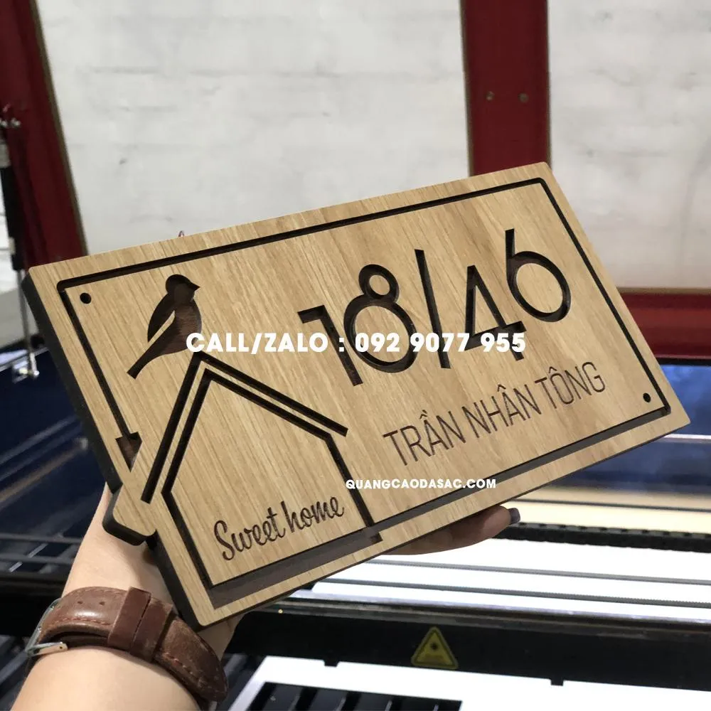 Biển số nhà bằng gỗ in chìm tinh tế
