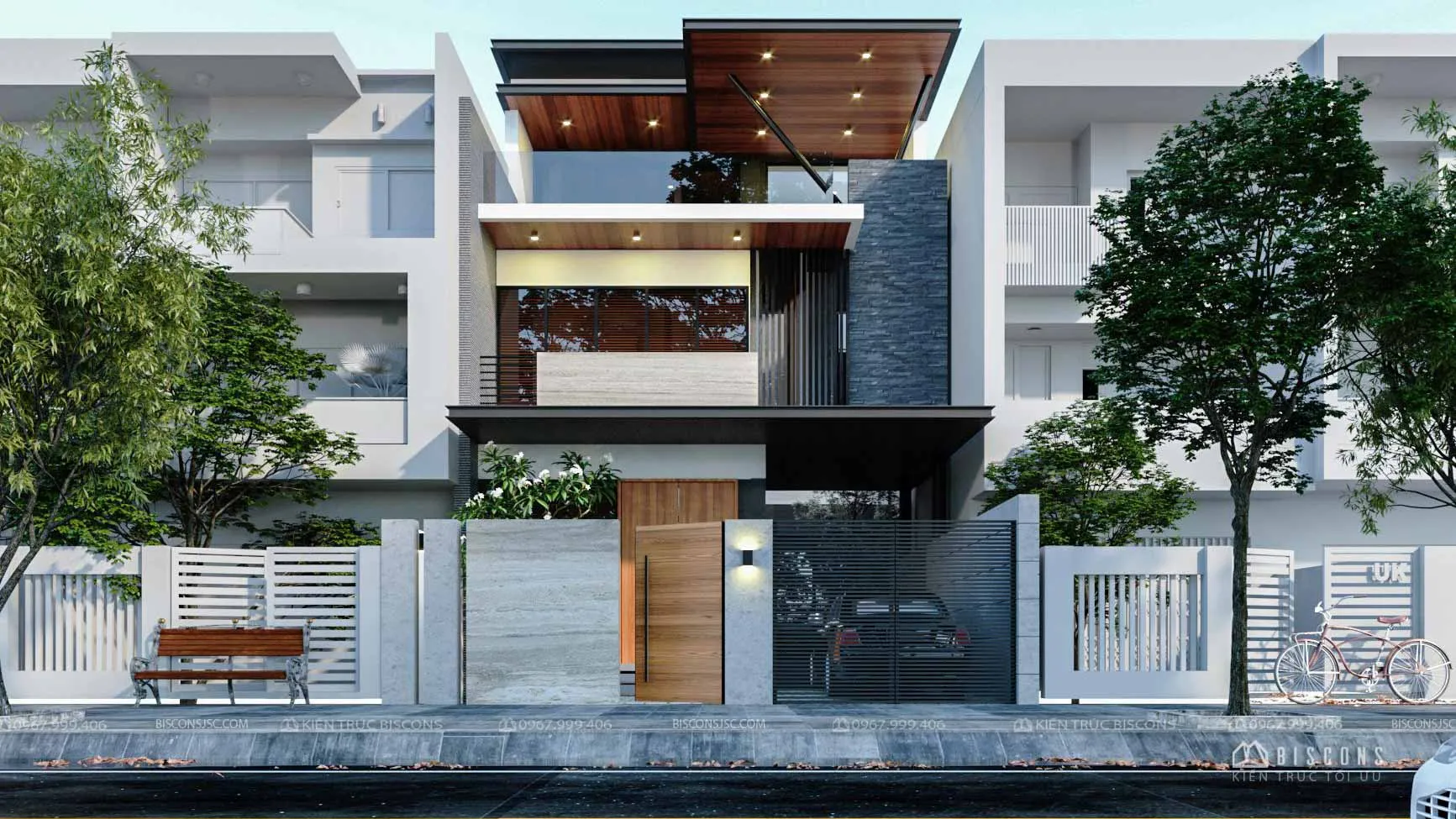 Phối cảnh tổng thể mẫu nhà phố 3 tầng có gara