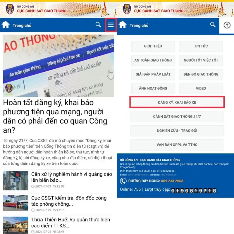 Giao diện trang chủ của Cục Cảnh sát giao thông hỗ trợ làm biển số xe ô tô hà nội trực tuyến
