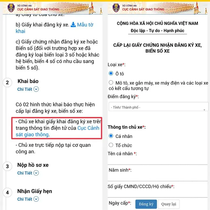 Điền thông tin chi tiết vào biểu mẫu điện tử khi thực hiện làm biển số xe ô tô hà nội