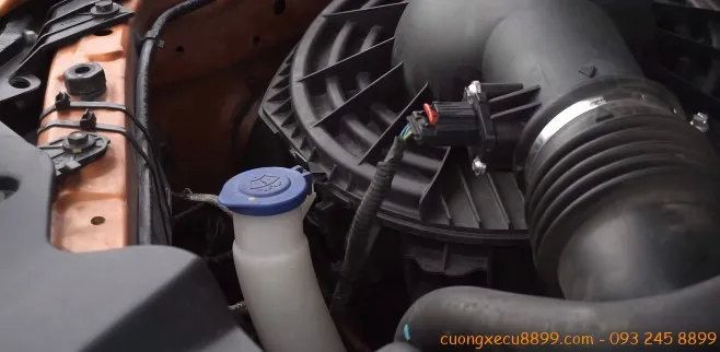 Vị trí bình chứa và nắp bình nước rửa kính xe ô tô màu xanh dương