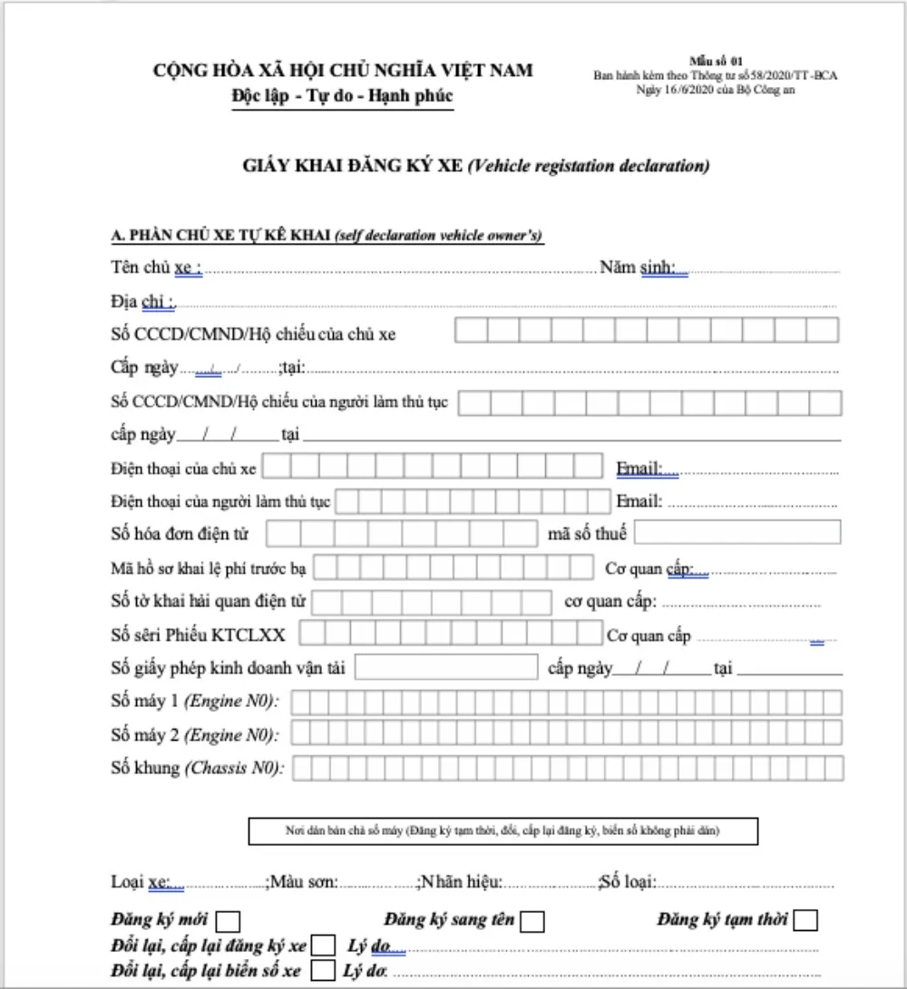 Mẫu giấy khai đăng ký xe ô tô và các mục kê khai thông tin chủ xe