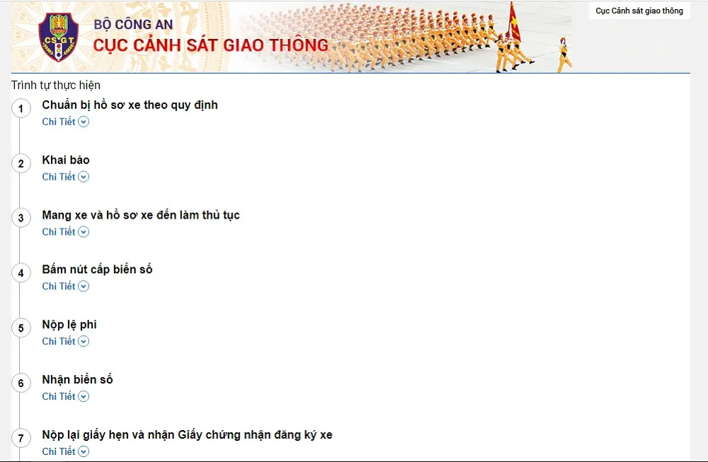 Screenshot trang web chính thức hướng dẫn cách ghi giấy khai đăng ký xe ô tô