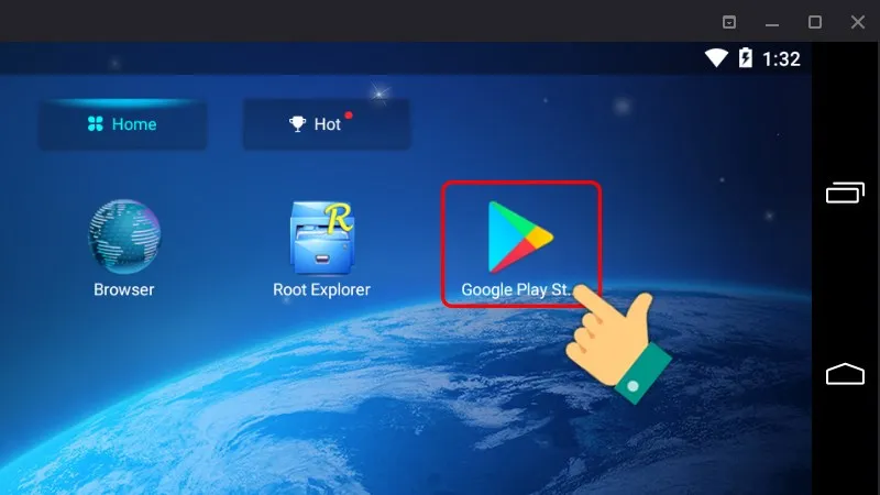 Giao diện KoPlayer và thao tác nhấn vào CH Play để tìm cách tải Grab Xe Máy