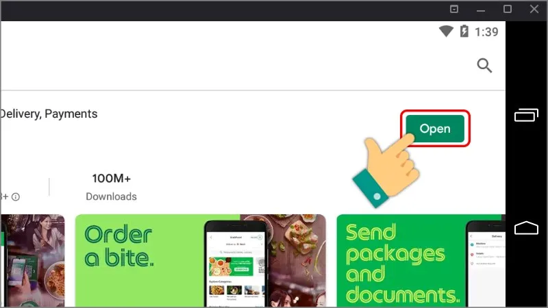 Nhấn Open để bắt đầu quy trình đặt xe máy Grab
