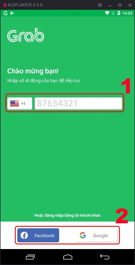 Giao diện đăng nhập hoặc đăng ký tài khoản Grab đặt xe máy