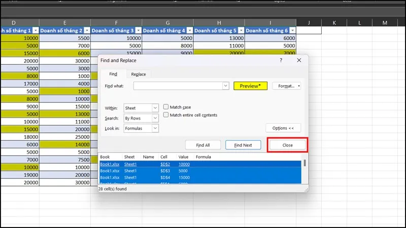 Sau khi hoàn tất việc đặt tên, đóng hộp thoại Find and Replace