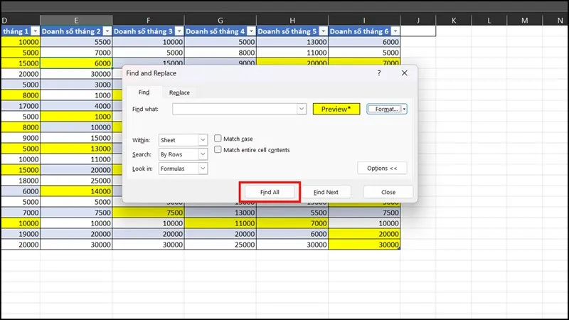 Sau khi chọn màu mẫu, nhấn Find All để Excel liệt kê tất cả các ô có màu sắc tương đồng