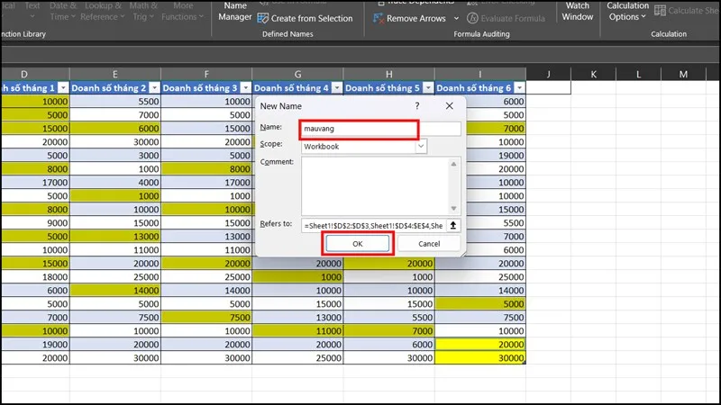Hộp thoại New Name để đặt tên (ví dụ: mauvang) cho tập hợp các ô có cùng màu đã chọn