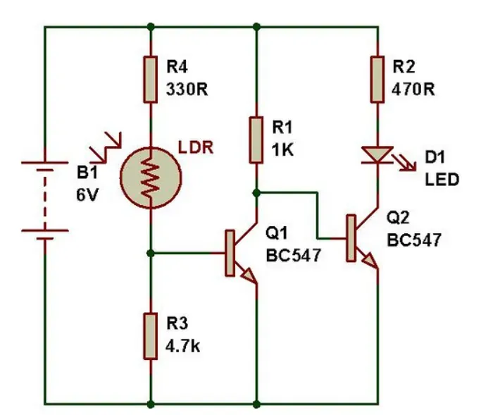 Sơ đồ nguyên lý mạch cảm biến ánh sáng đơn giản sử dụng transistor BC547 và quang trở LDR