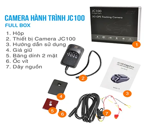 Bộ sản phẩm camera hành trình JC100 gồm thiết bị định vị GPS, camera trước sau và phụ kiện lắp đặt