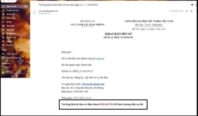 Thông báo hoàn tất thủ tục cấp lại giấy đăng ký xe ô tô