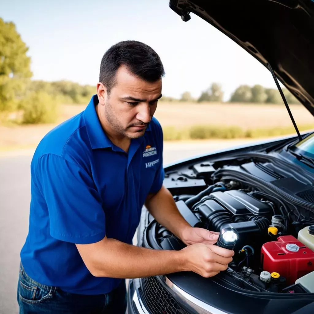 Kỹ thuật viên đang kiểm tra và bảo dưỡng khoang máy xe ô tô để phát hiện dấu hiệu chuột