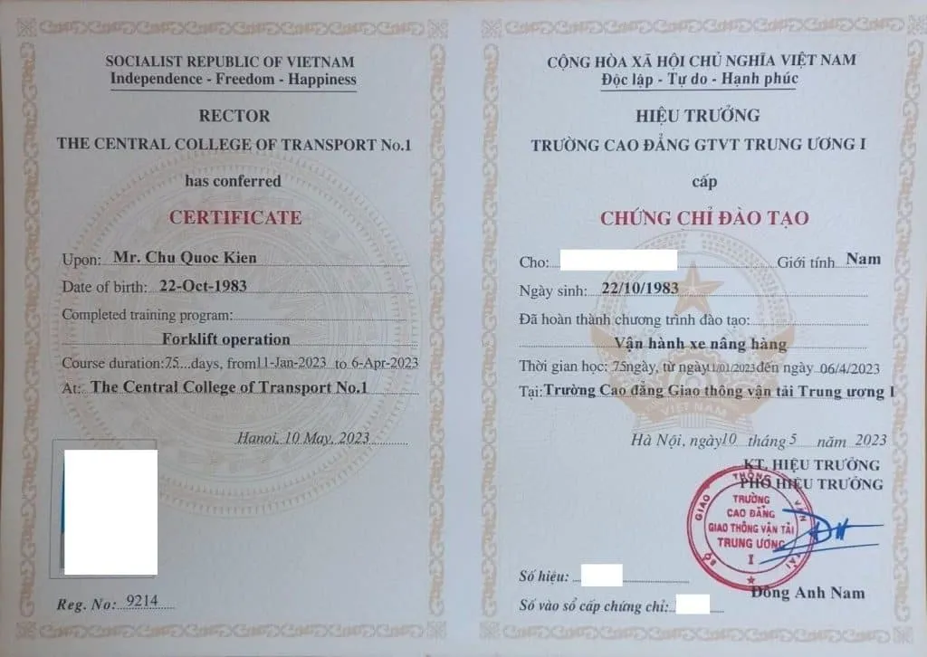 Mẫu chứng chỉ sơ cấp nghề vận hành xe nâng hàng