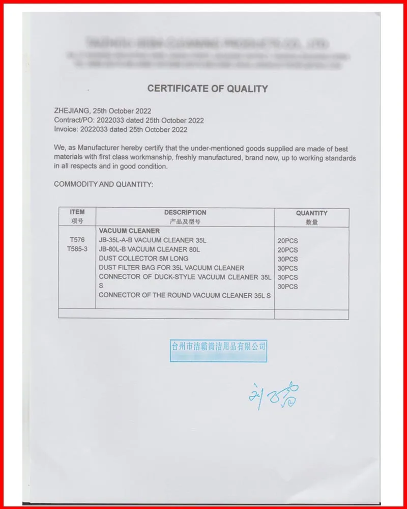 Giấy chứng nhận chất lượng của máy hút bụi chuyên dụng cho tiệm rửa xe