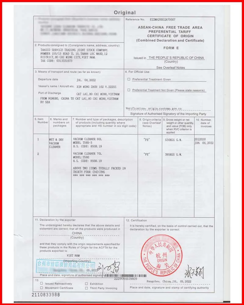 Giấy chứng nhận nguồn gốc xuất xứ của các dòng máy hút bụi công nghiệp
