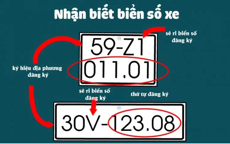Cấu tạo biển số xe Việt Nam với các thành phần mã vùng, series và số thứ tự