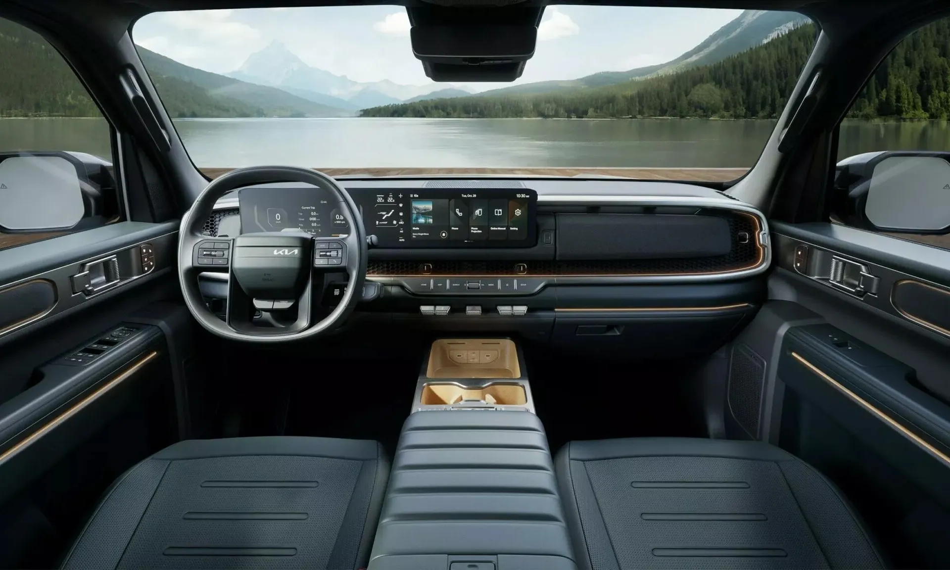 Khoang nội thất Kia Tasman rộng rãi, trang bị ba màn hình lớn và nhiều tính năng hiện đại