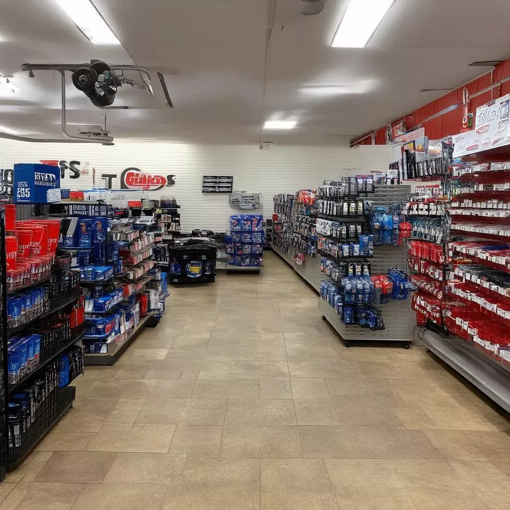 Khu vực trưng bày phụ tùng ô tô tại cửa hàng