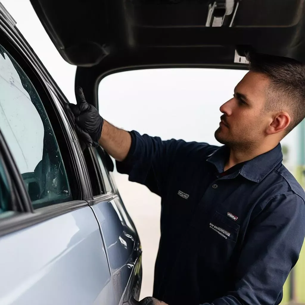 Hình ảnh chuyên viên kỹ thuật đang kiểm tra và sửa chữa bộ nâng hạ kính ô tô bị kẹt